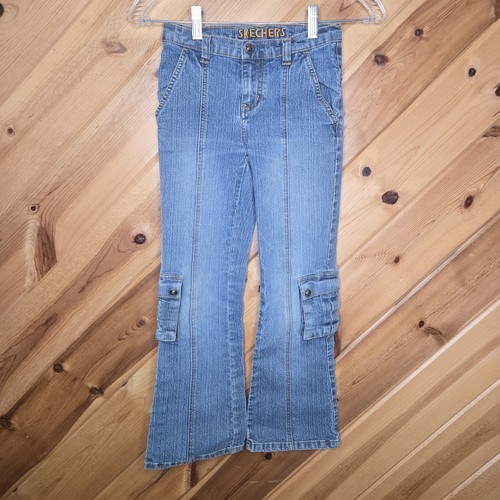 Y2K Girls Youth Skechers Jeans Bootcut No Back Pockets Sz 7 Cargo 00s Center Hem