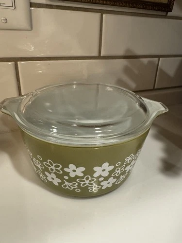 Vintage Pyrex 1 qt.Avocado Crazy Daisy Spring Blossom Casserole Dish #473 w/Lid!