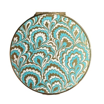 Vintage Mid Century Stratton Retro Mod Aqua&Gold Filigree Paisley Round Compact