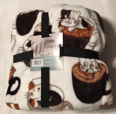 BERKSHIRE KITTY CATS ~ COFFEE BLANKET THROW Luster Soft 50 X70  White Browns NWT