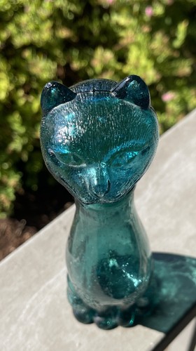 Vintage Mid Century Empoli Italian Aqua Teal Blue Glass Cat Bottle Decanter 9” - Picture 20 of 20