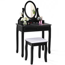 Black Vanity Wooden Makeup Dressing Table Stool Set Bathroom Mirror+3 Drawer