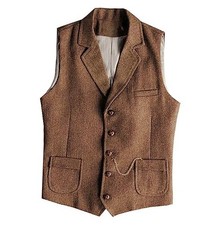 Men's Tweed Suit Vest Western Herringbone Wool Casual Waistcoat X-Large Brown