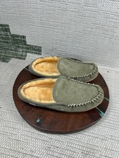 LL Bean Slippers Mens 11 M Moccasin Green Suede Lamb Fur Moc Toe Comfort Slip On