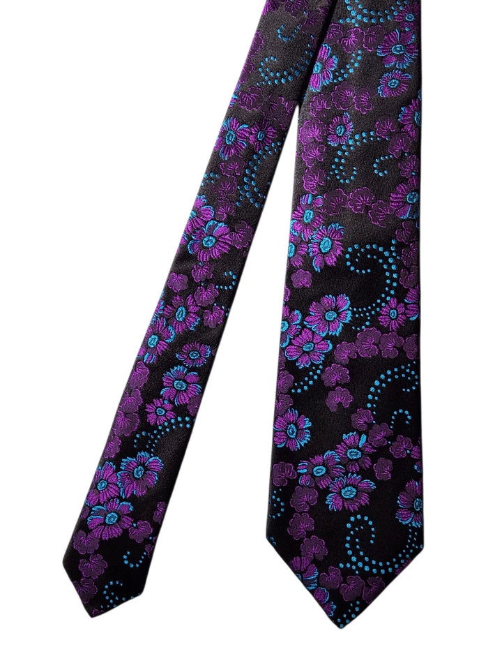 Duchamp London Necktie Black Purple Blue Floral Silk Jacquard Made in England - Image 2 of 4