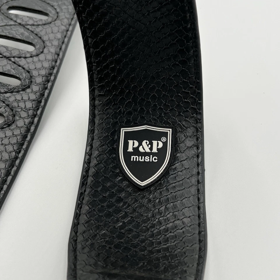 Correa de Guitarra de Cuero Vegano P&P Patrón de Piel de Serpiente Negra Cinturón Ajustable 58 pulgadas Foto 3 de 4