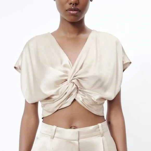 NWT ZARA KNOTTED SATIN EFFECT TOP WHITE SIZE L 7636/362 | eBay