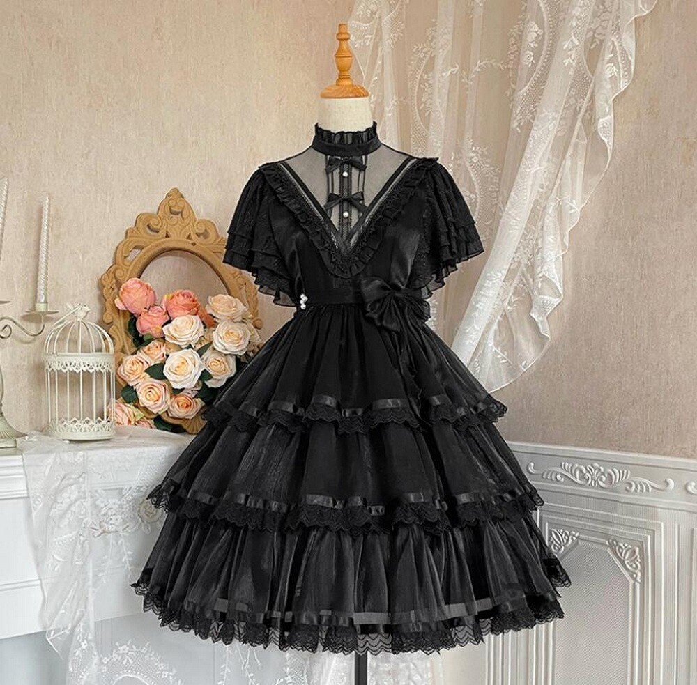 sheer black lolita dress Black Sheer Cross Halter Neck Gothic Lolita Halloween Dress Big Bow on  Layered Skirt