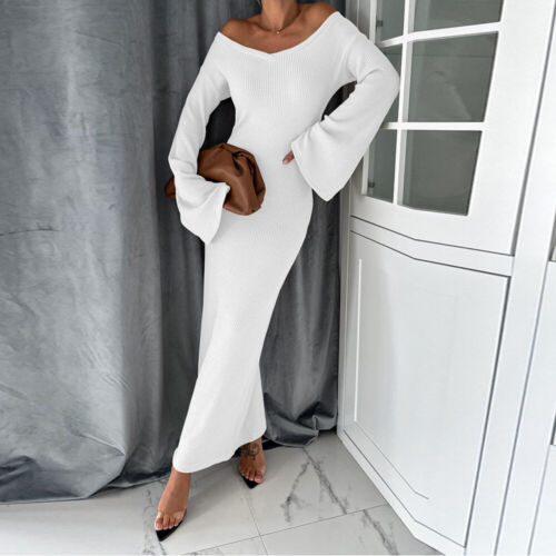 Women's Sexy V Neck Long Flared Sleeve Dress Party Evening Bodycon Dresses - Picture 19 of 22