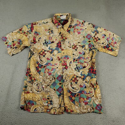 Burma Bibas Shirt Mens Large Beige Blue Abstract Vintage Button Up Short Sleeve
