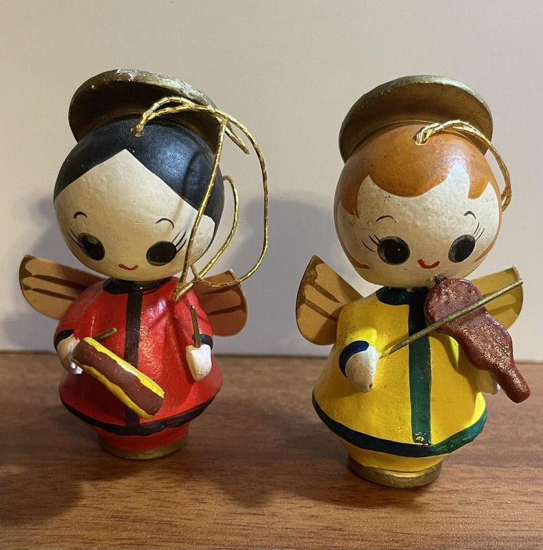 Two Wooden Angels Playing Instruments Japan Ornaments