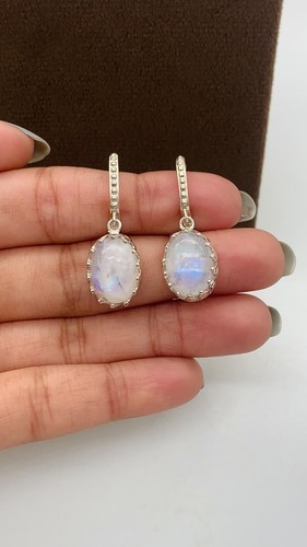 Rainbow Moonstone Oval Dangle 925 Sterling Silver Earrings Mood Gemstone Pendant - Video 1 of 1