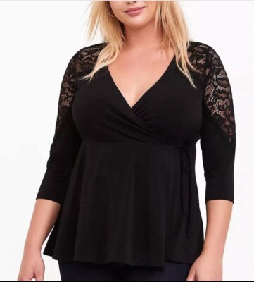 New Torrid Black Studio Knit wrap top 3/4 sleeve w/ Lace Insert & Peplum size 1
