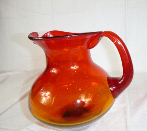 Vtg 60s Mid Century Blenko Tangerine Orange Red Pitcher 668L 8.25" - Picture 3 of 7