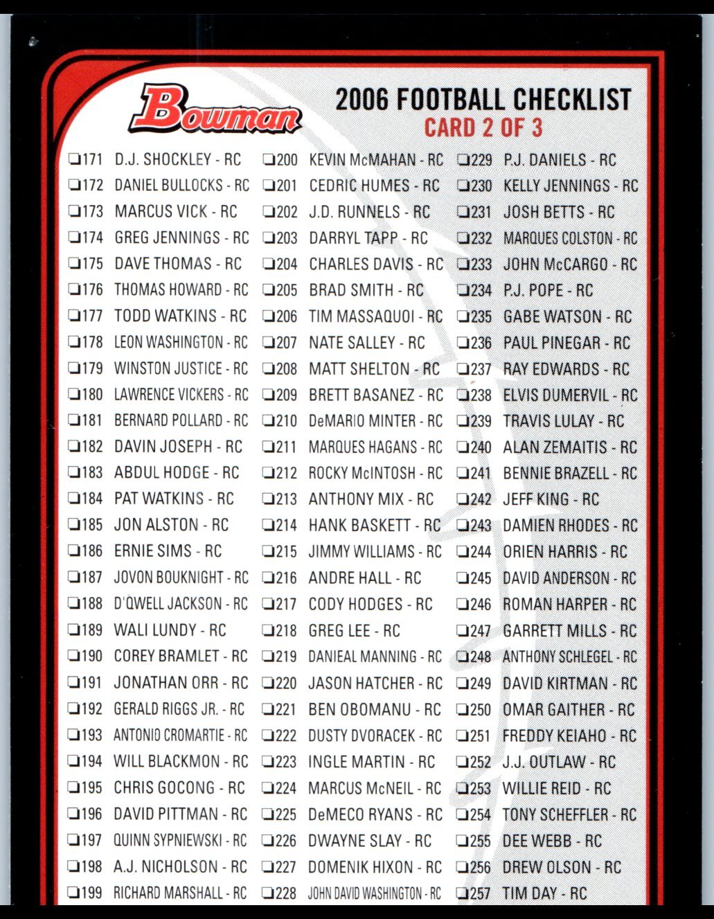2006 Bowman #2 Checklist: 171 and inserts Checklist