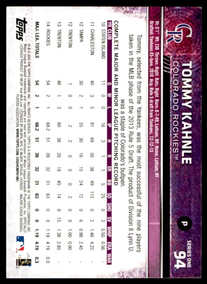 2015 Topps Tommy Kahnle Baseball Cards #94 - Image 2 of 2