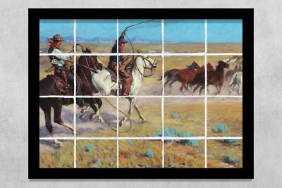 ready to hang ceramic tile kitchen backsplash Cowboys roping wild horses western