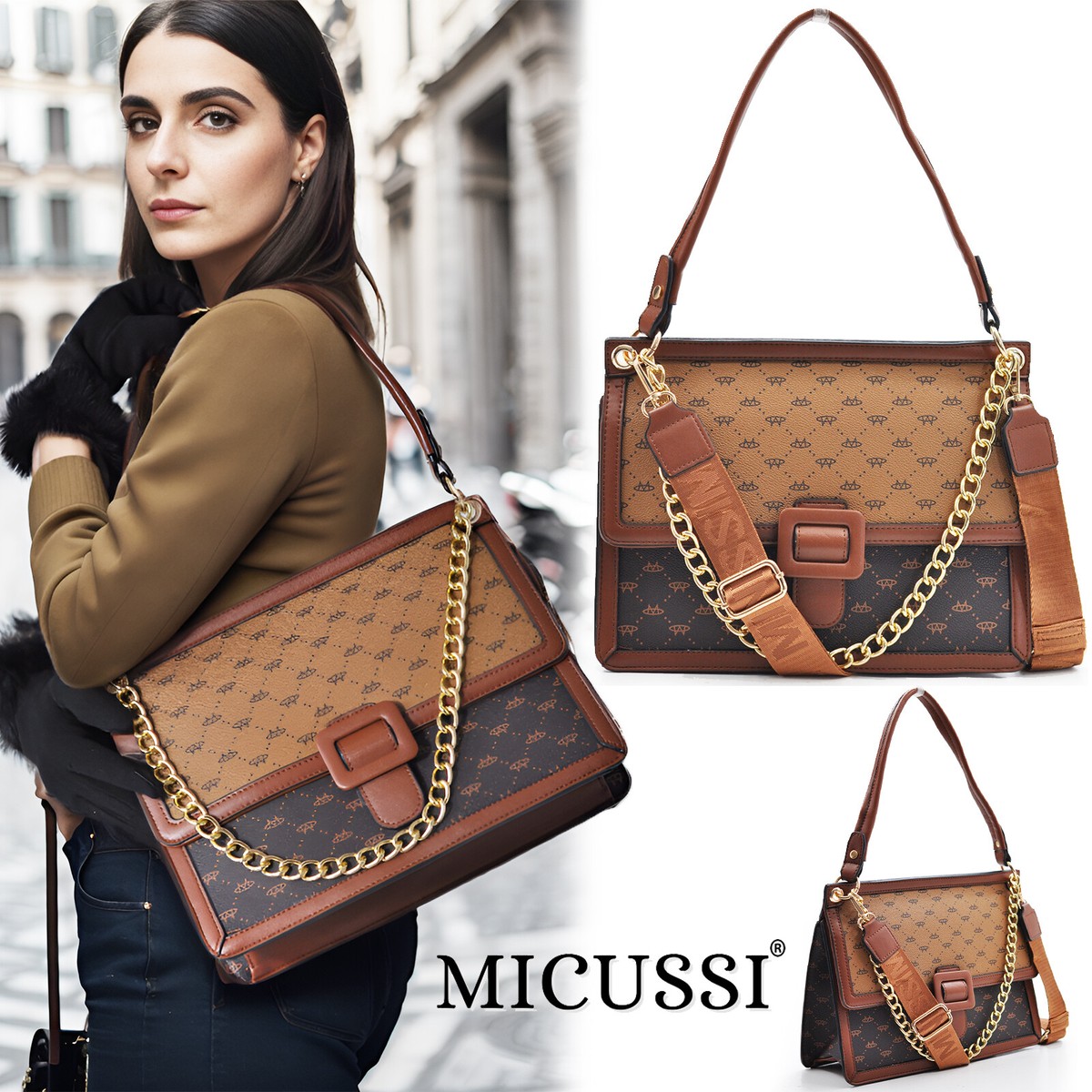 Borsa MICUSSI rigida multitasche spaziosa grande tracolla catena