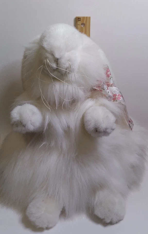 12" White Fluffy Bunny Rabbit Foral Pink Bow Sitting Upright Easter - Image 4 of 4