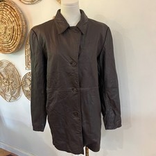 Vintage Alfani Brown Leather Coat Long Button Front Lined Shacket 90s Large