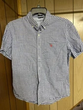 US Polo Assn Men’s Large Stretch Button down short Sleeve Blue & White Checked 