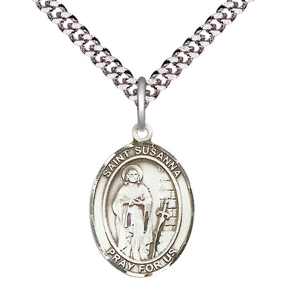 Medium Pewter Saint Susanna Medal Pendant 24'' Endless Chain Necklace w/ Gift Box