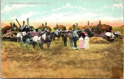 North Dakota Farm Girls Threshing Outfit Postcard Fargo Agriculture Farm Scene