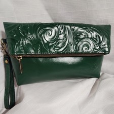 Patricia Nash Valerie Green Tooled Scrolled/Floral Wristlet/Clutch Foldover