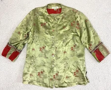 Citron Santa Monica Shirt Large Tunic Green Rayon Mandarin Collar Floral Asian