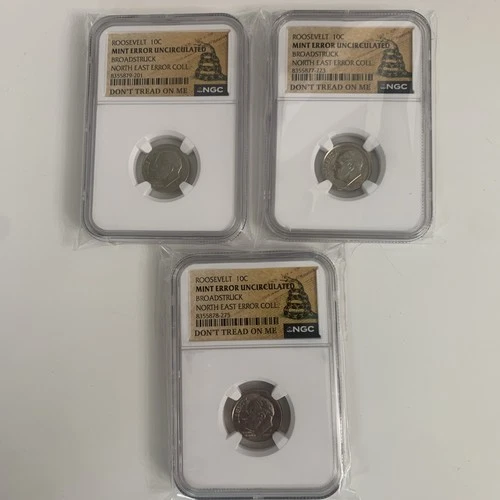 3X 2005-P Roosevelt 10c Broadstruck NE Error Col Don’t Tread On Me Label NGC