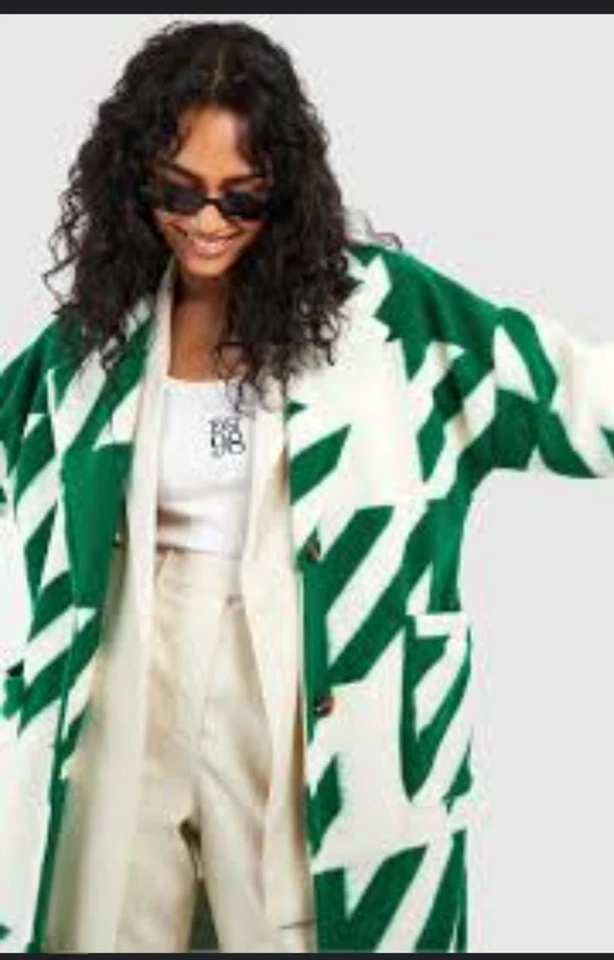 Boohoo зеленый и белый негабаритный Dogtooth шерсти вид пальто женщины размер 4 итальянский - Изображение 2 из 4