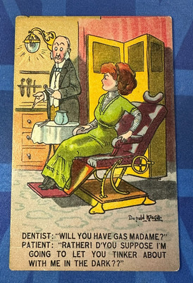 Markenlose Donald McGill Comic Postkarte 1910er Zahnarzt WILL YOU HAVE GAS Nr. A 431