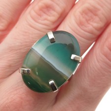 925 Sterling Silver Vintage Real Oval-Cut Agate Modernist Ring Size 8.25