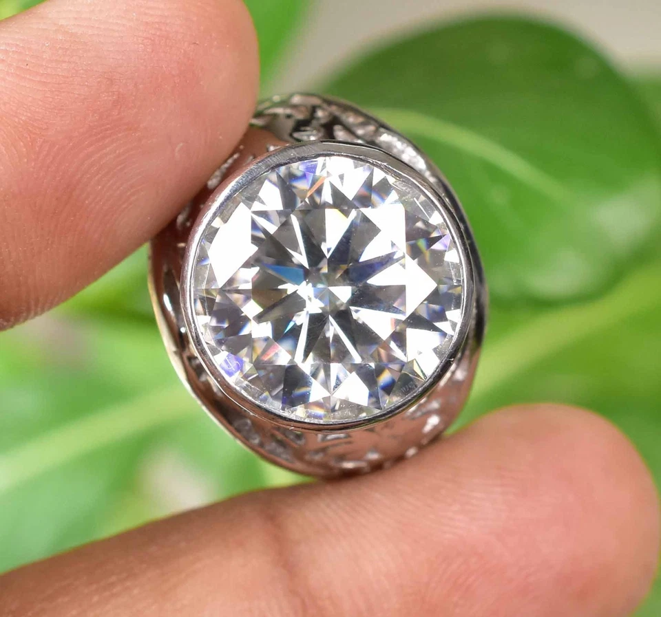 15.00 MM Round Huge Moissanite 925 Sterling Silver Men Carving Ring Certified - Image 3 of 4