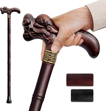 Wooden Walking Cane 3D Carved Dragon Design 33-39 Inches with Accessories