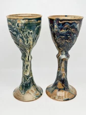 John Coburn Art Pottery Goblets Cups Drip Glaze Signed JRC 2005 9” Tall Set Of 2