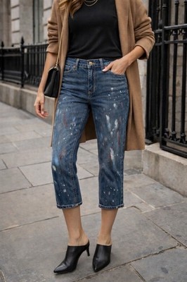LRL Lauren Ralph Lauren 6 Petite Boyfriend Paint Splatter Crop Jeans Edgy Casual