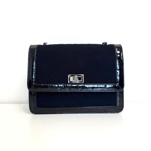 CHANEL Black Patent Quilted 2.55 Reissue Flap Shoulder Bag Silver Chain Leather