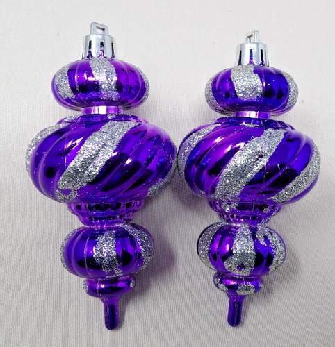 2 Indoor/Outdoor 4" Tall Purple & Silver Spiral Christmas Ornaments