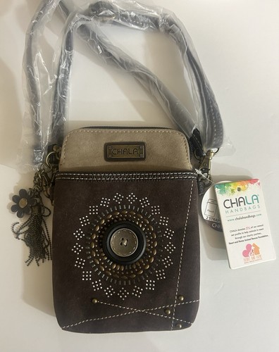 Chala Crossbody Bag NWT Bohemian Brown Button Beaded Mini 5" x 7" Zip Top Vegan