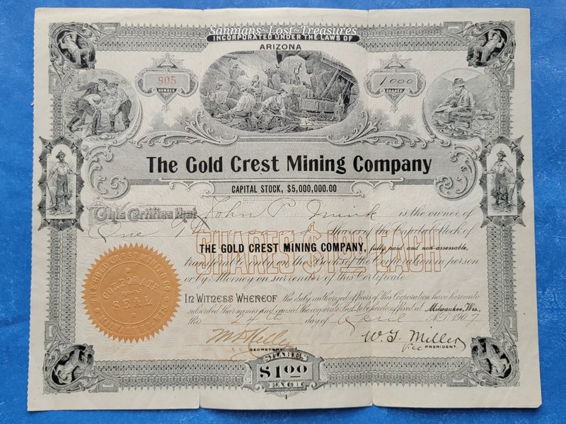 1907 Arizona The Gold Crest Mining Company Stock Cert. Great Piece Of History