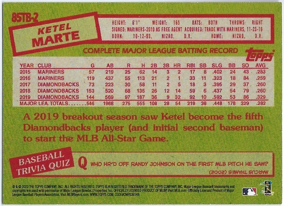 2020 Topps - 1985 Topps Baseball Series 2 PINK #85TB-2 Ketel Marte  18/25 - Image 2 of 2