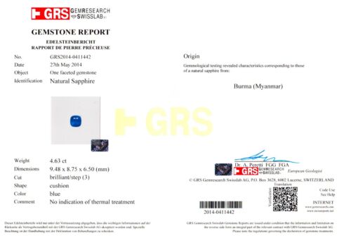 GRS & IGI Zaffiro Blu Birmano Certificato GRS & IGI 4,63 Ct. FIORDALISO Naturale Non Trattato - Foto 2 di 9