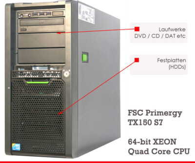 64BIT XEON 4xCORE SERVER FUJITSU PRIMERGY TX150 S7 RAID CONTROLLER 4GB ECC W42