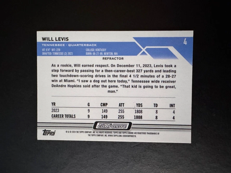 2023 Topps Chrome Silver Refractor Will Levis RC #4 Titans Rookie - Image 2 of 2