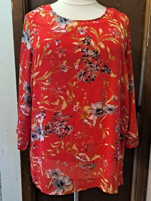 Avenue Blouse Size 18 20 NWT Red Floral Attached Shell Underneath Split Sleeve