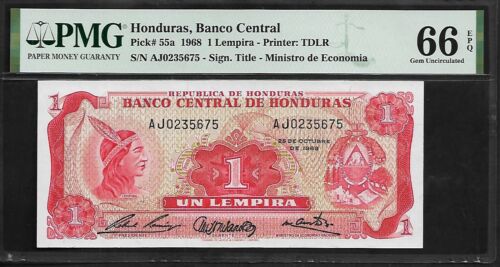 Honduras 1 Lempira 1968 PMG 66 EPQ UNC P# 55a PMG Population 5/3 Series AJ