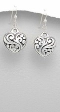 Solid Sterling Silver Detailed Heart Dangle Earrings 1.1"  28mm Long 3.33g