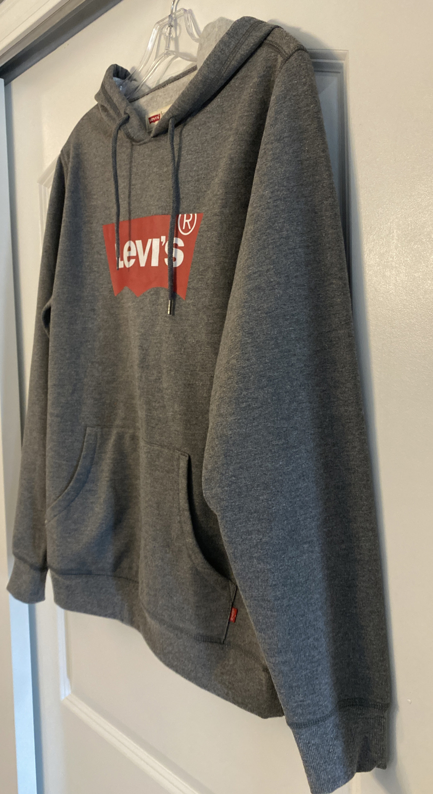 Levis Mens Charcoal Gray Fleece Hoodie with Red Batwi… Gem