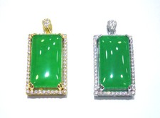 Fashion Genuine Green Jade Rectangle 18KGP Crystal Flower Pendant Necklace Women